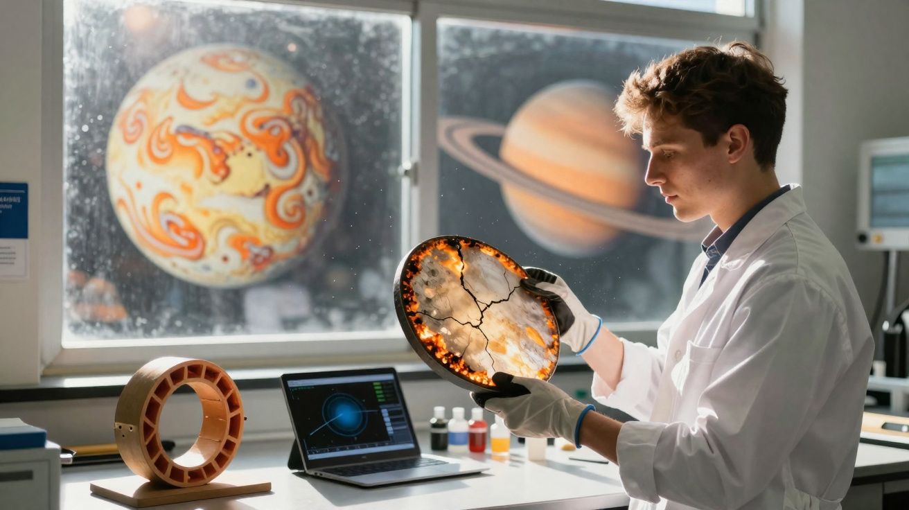 Jovem cientista em laboratório analisando um disco com padrões brilhantes, com planetas no fundo da janela.