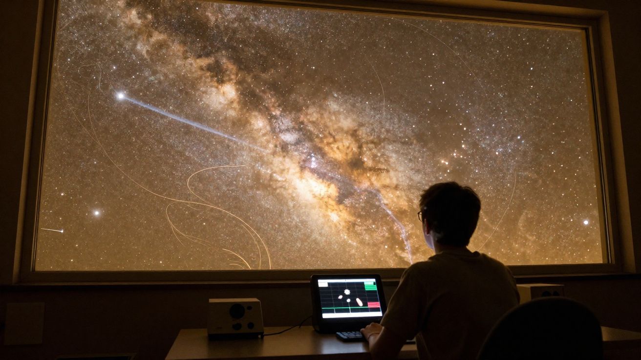 Pessoa observando a Via Láctea e estrelas em tela grande, usando computador em sala escura.
