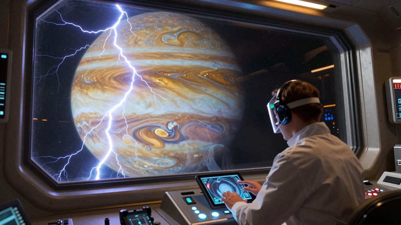 Cientista em nave espacial observa planeta com tempestade elétrica por grande janela futurista.