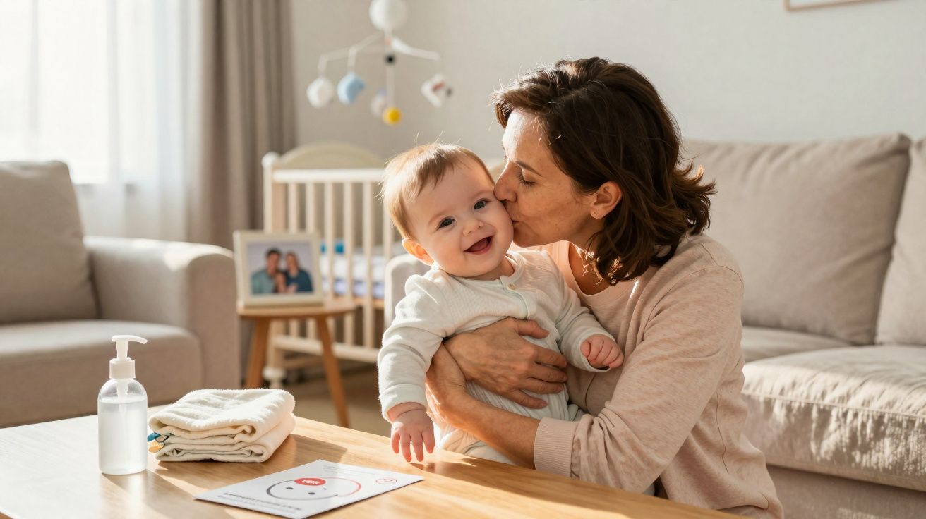 Mãe segurando e beijando bebê sorridente em sala de estar com berço ao fundo.