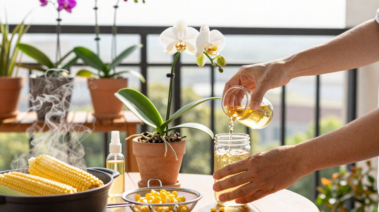 Pessoa derrama óleo em pote de vidro ao lado de milho cozido, sementes e orquídea branca em vaso na varanda.