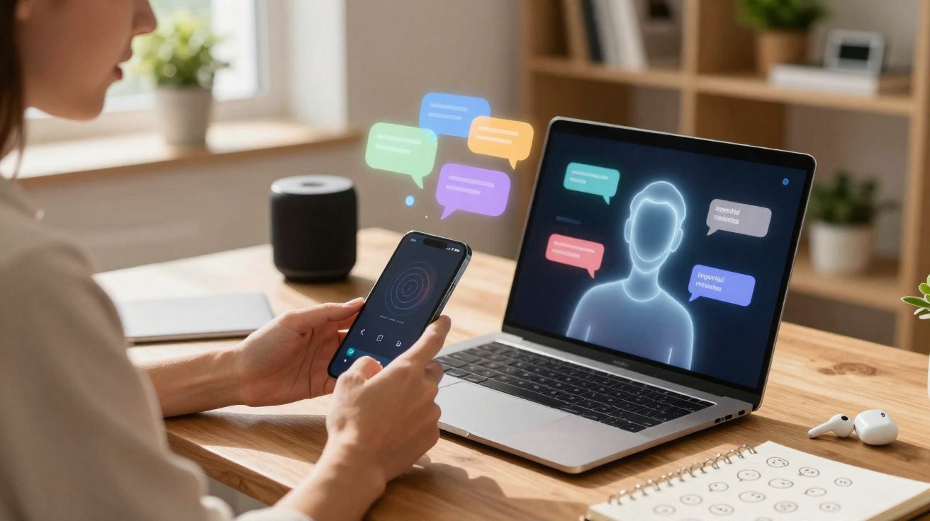 Pessoa segurando smartphone e interagindo com avatar e balões de mensagem em laptop sobre mesa de madeira.