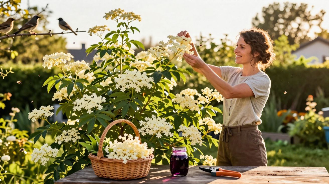 Mulher colhendo flores brancas de arbusto ao ar livre, com cesta e regador sobre mesa de madeira.