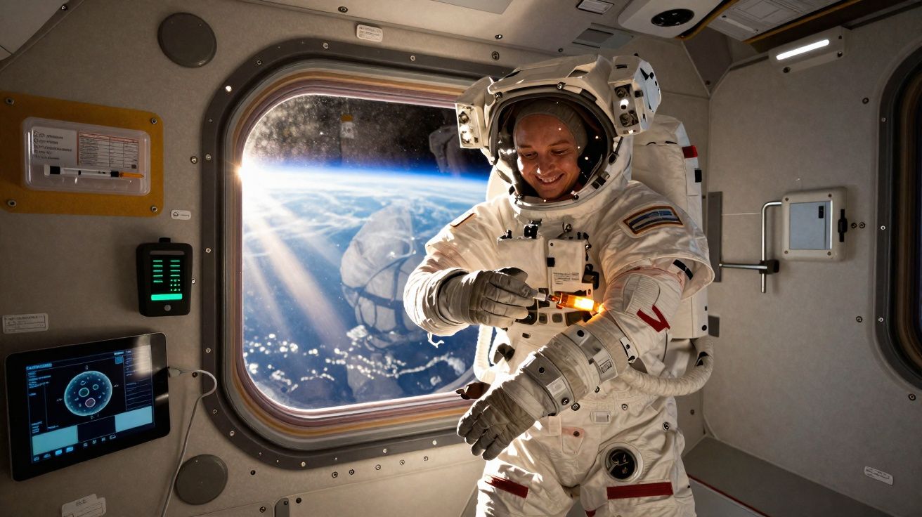 Astronauta sorridente ajustando o traje dentro da estação espacial com a Terra ao fundo pela janela.