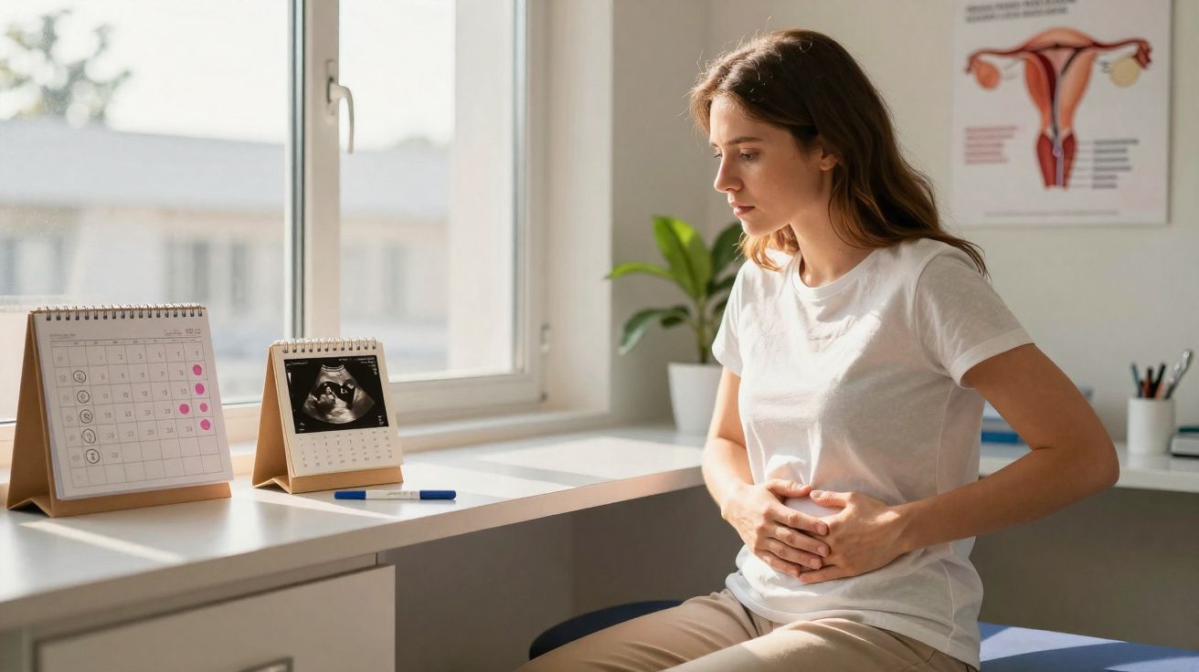 Mulher sentada com dor abdominal em consultório, com calendário e ultrassom na mesa ao lado.