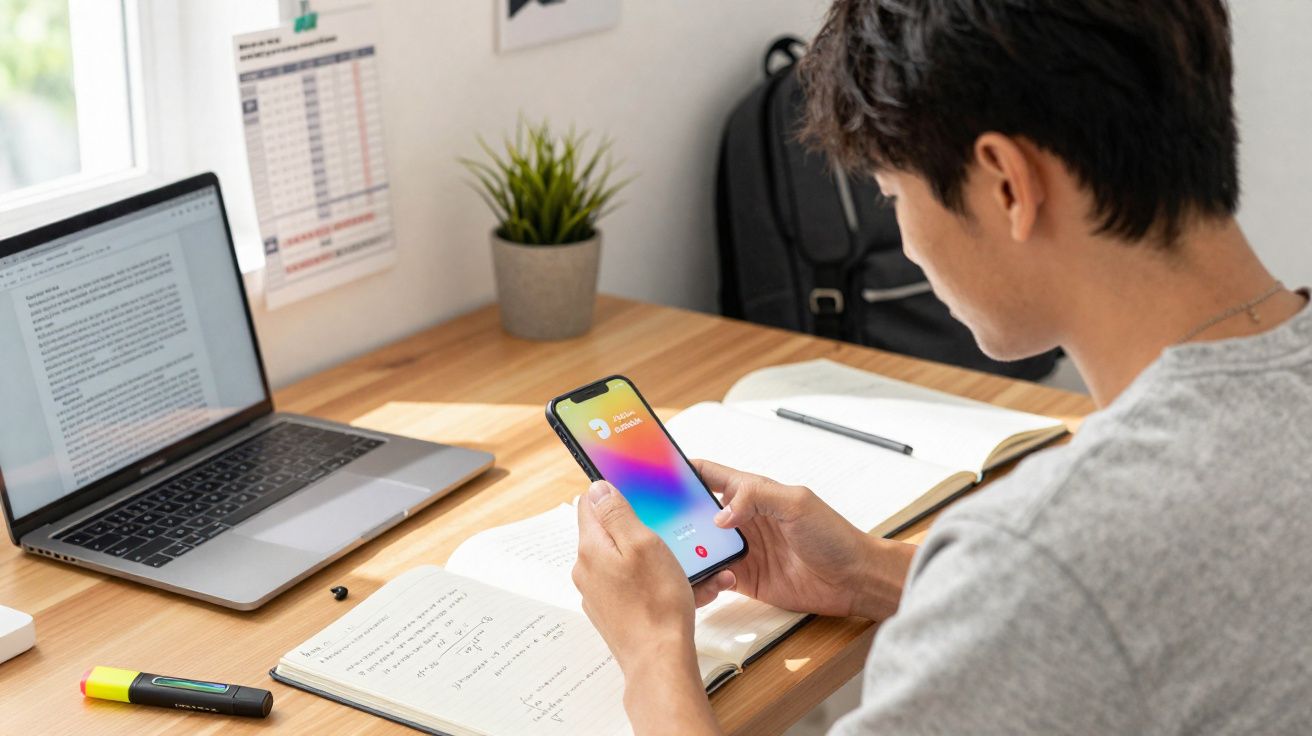 Pessoa jovem sentada em mesa de madeira, segurando celular, com notebook, livro e caneta à sua frente.