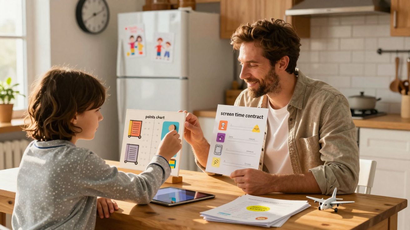 Pai e filho sentados à mesa discutindo contrato de tempo de tela em uma cozinha ensolarada.