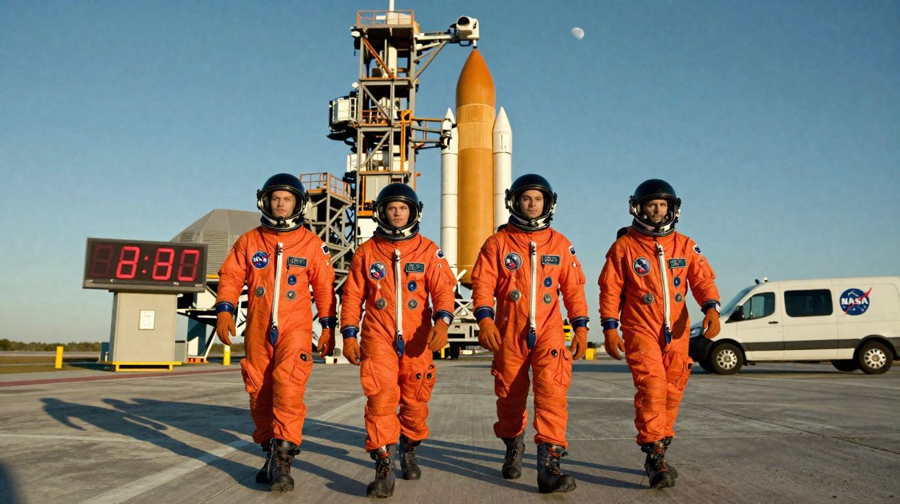 Quatro astronautas em trajes laranja caminhando em lançamento de foguete com logo da NASA ao fundo.