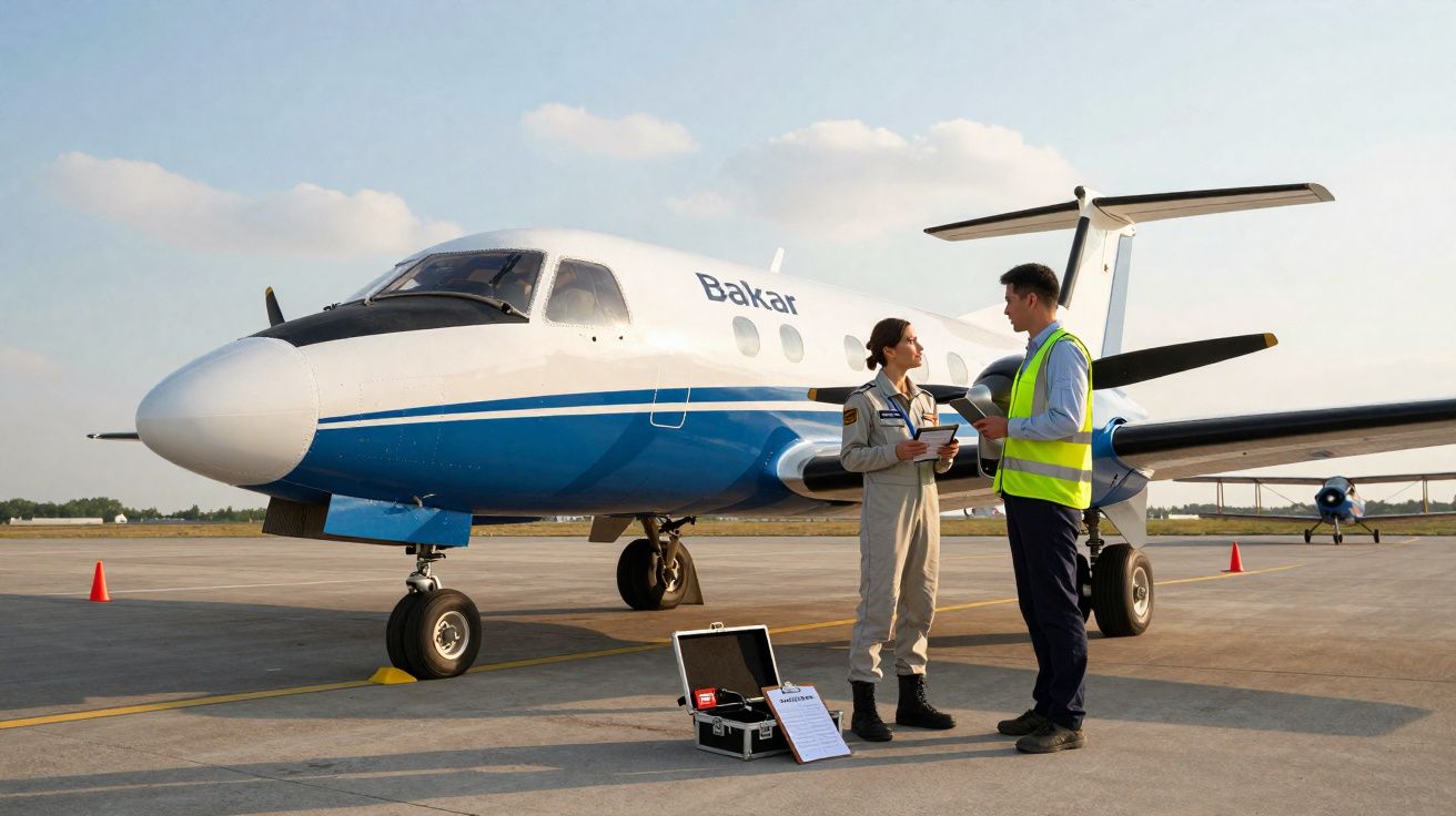 Avião estacionado na pista com dois profissionais de aviação conversando próximo durante o dia.