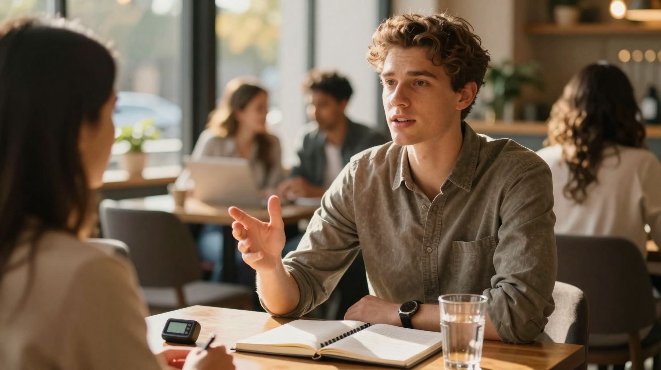 Jovem homem conversando com mulher em cafeteria, com livro e copo d'água sobre a mesa.