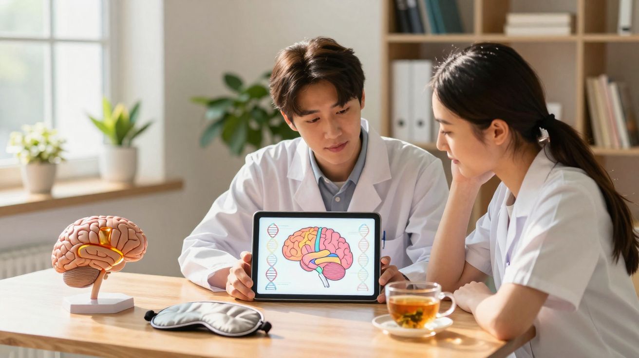 Dois cientistas em jaleco discutem uma ilustração do cérebro humano em tablet durante uma reunião.