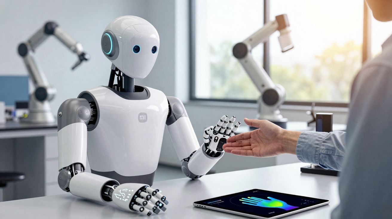 Robô humanoide branco cumprimentando uma pessoa com a mão em um ambiente de escritório moderno.