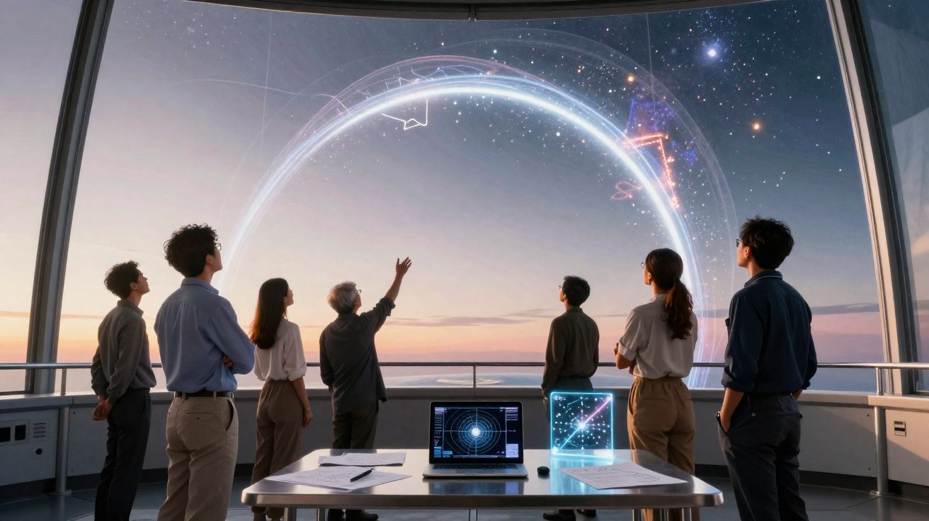 Grupo de pessoas observando projeção holográfica de constelações em observatório futurista ao pôr do sol.