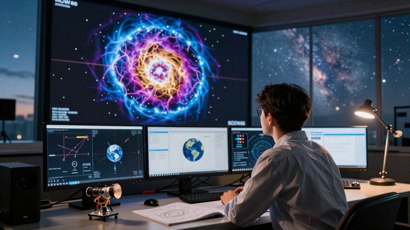 Jovem observando dados e imagem digital de galáxia em múltiplos monitores com janela mostrando céu estrelado.