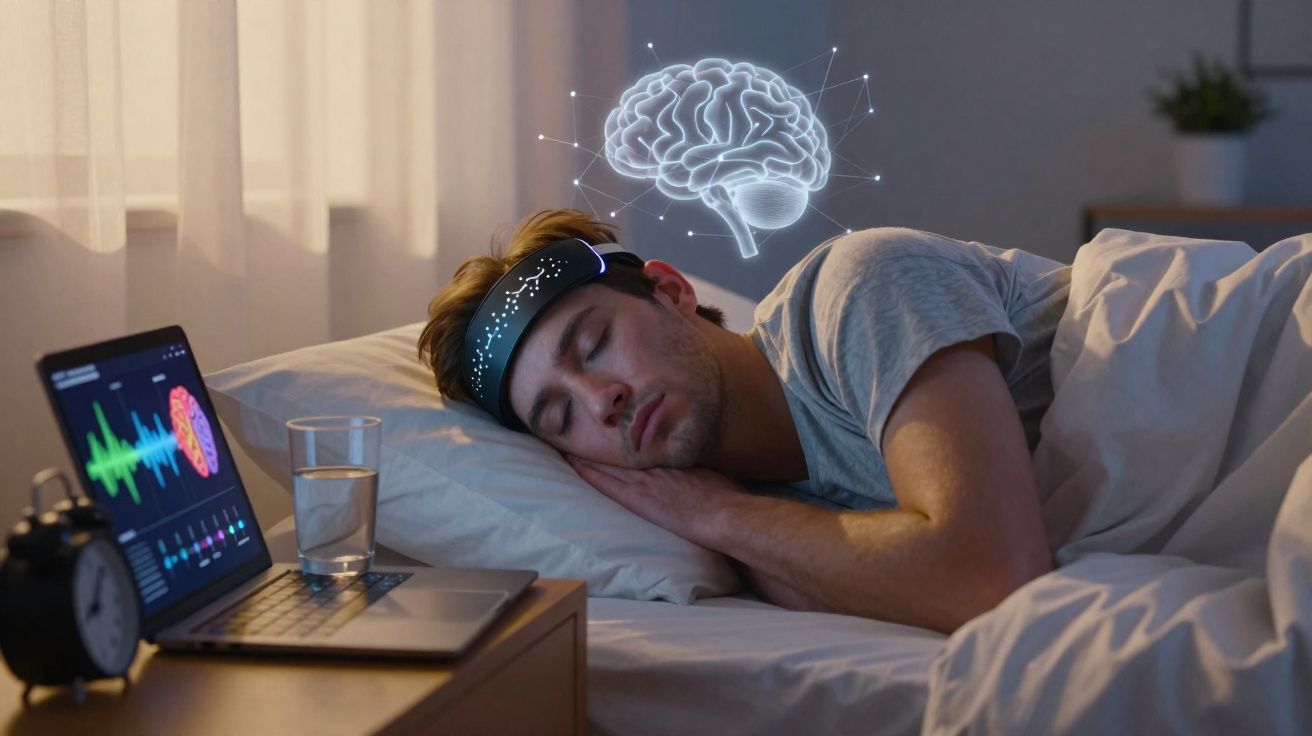 Jovem dormindo com faixa de monitoramento cerebral enquanto dados são exibidos em laptop ao lado.