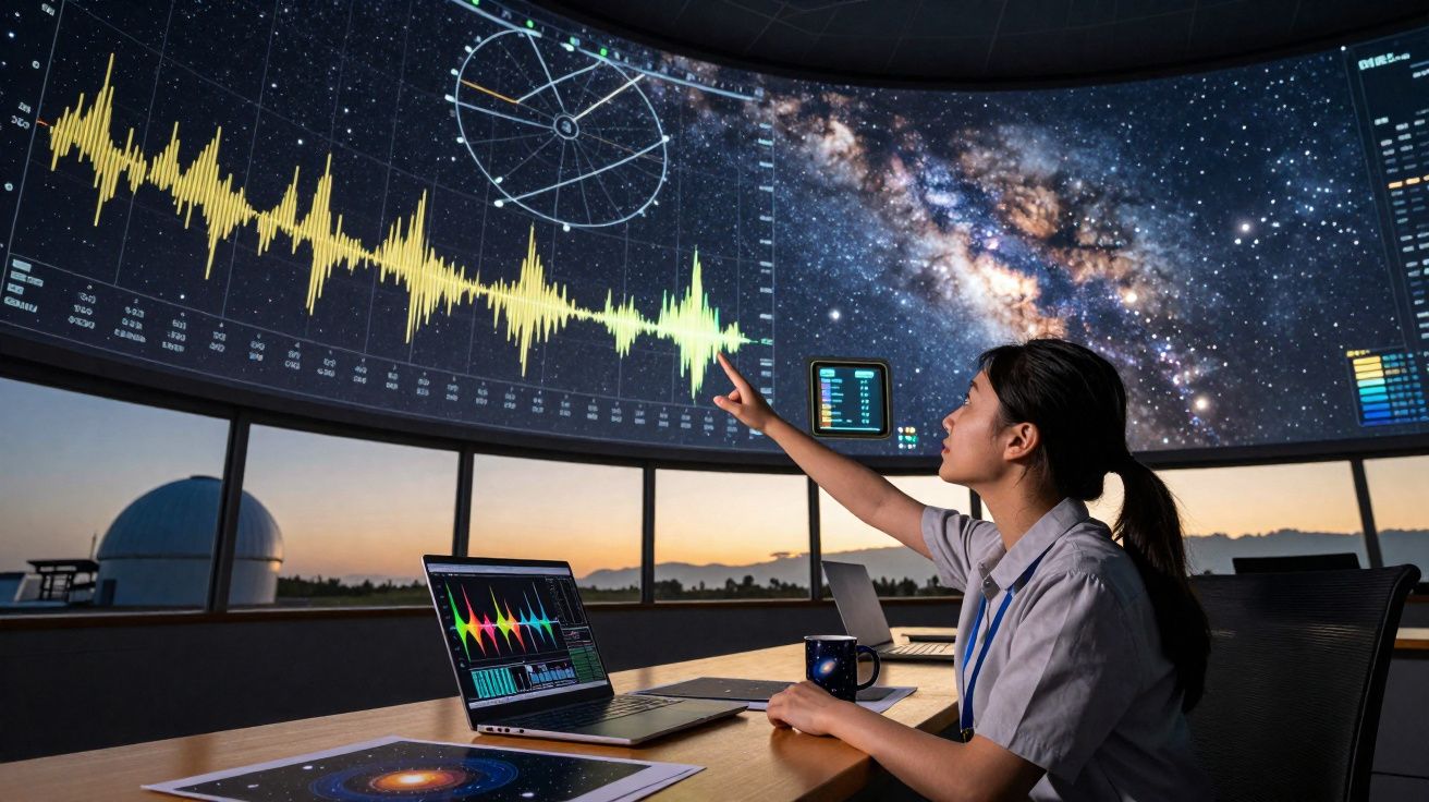 Mulher cientista analisa dados com gráficos e imagens da galáxia em uma sala de controle moderna.