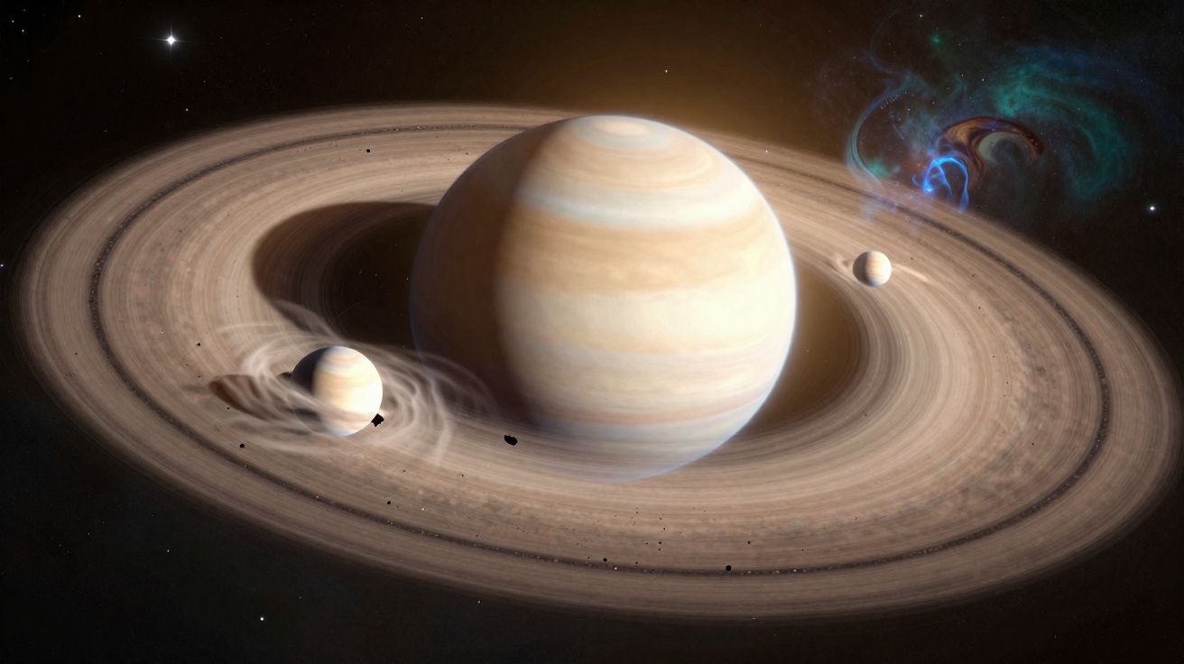 Planeta gasoso gigante com anéis e duas luas orbitando no espaço estrelado.