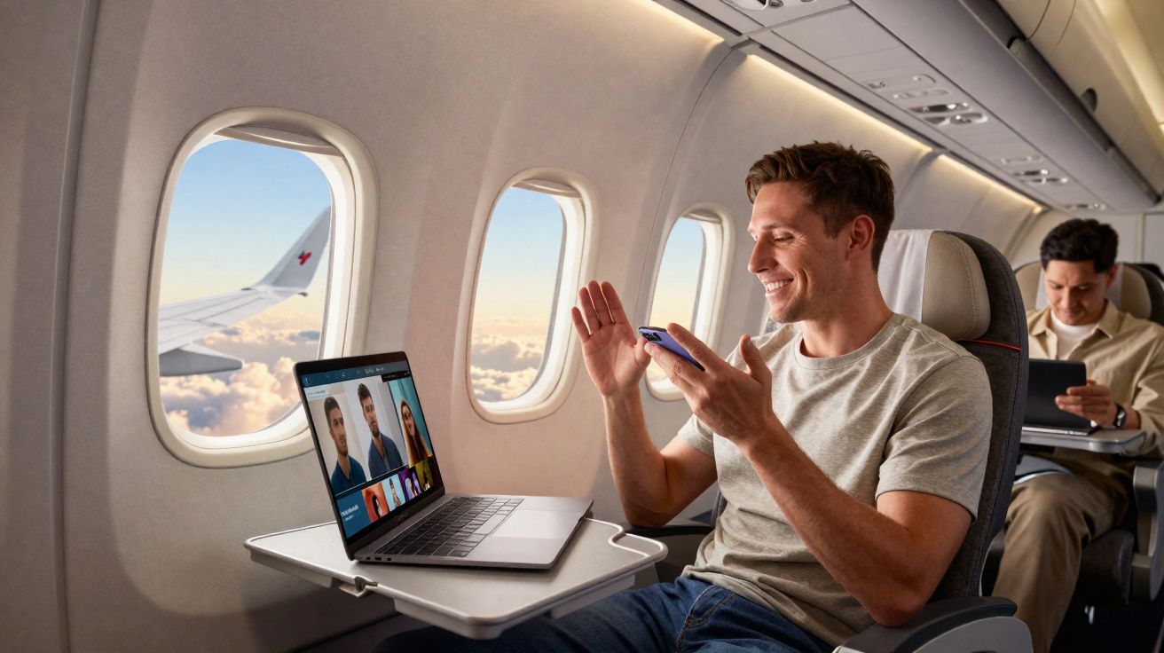 Homem sorridente faz videochamada no celular dentro de avião, com laptop aberto na mesa à frente.