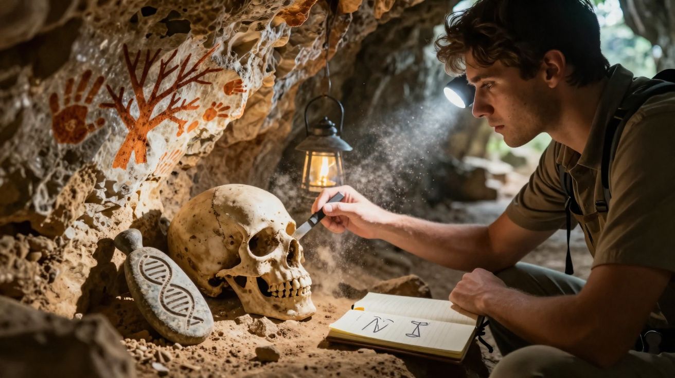 Homem examinando crânio humano em caverna com pinturas rupestres e caderno aberto.