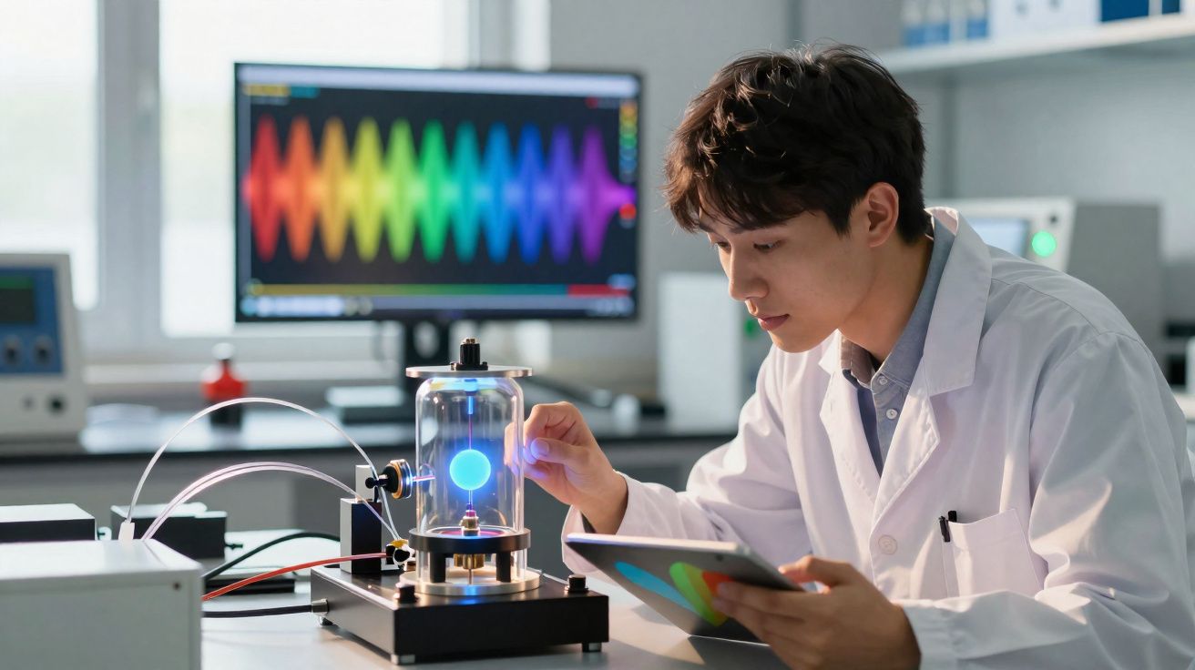 Cientista jovem em laboratório analisando equipamento com esfera azul e monitor com gráfico colorido ao fundo.