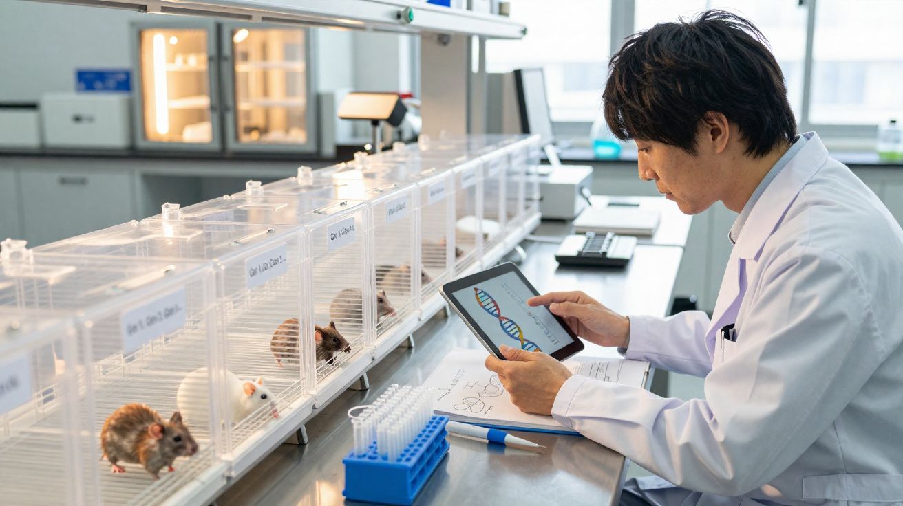 Pesquisador em laboratório observa tablet com imagem de DNA próximo a ratos em caixas transparentes.