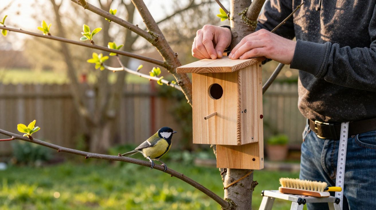 Pessoa instalando casa de madeira para pássaros em árvore com pássaro pousado em galho próximo no jardim.