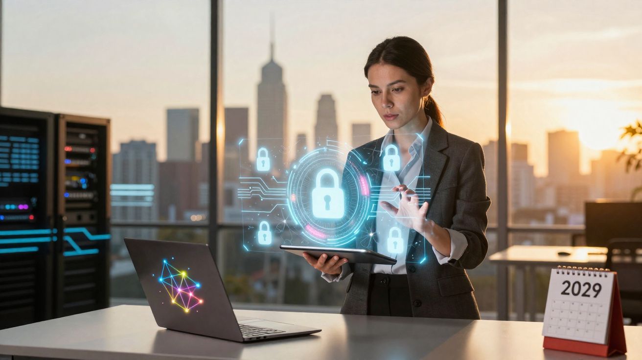 Mulher em escritório moderno interage com tablet e holograma de cadeados, ao fundo cidade ao pôr do sol.