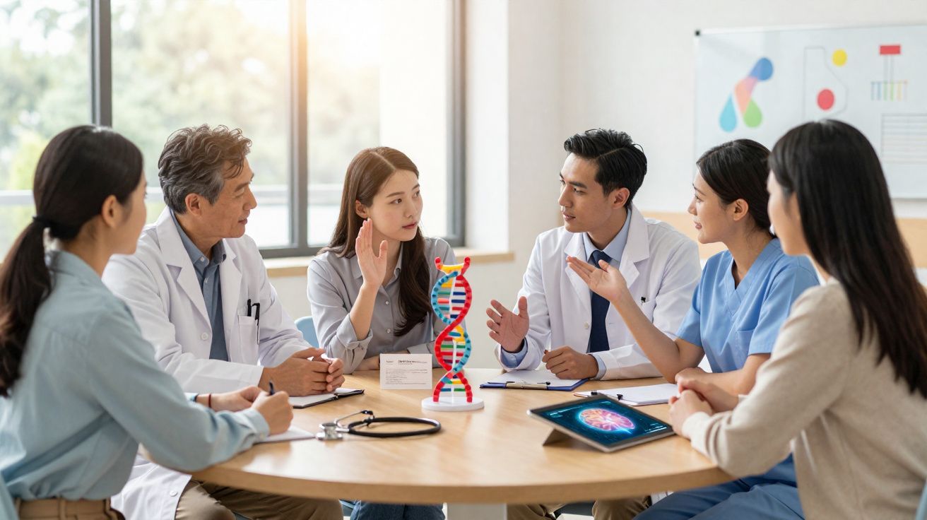 Grupo de profissionais de saúde discutindo pesquisa genética em torno de mesa com modelo de DNA.
