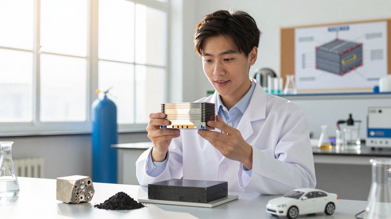 Jovem cientista em laboratório segurando peça metálica, com amostras e modelo de carro na mesa.