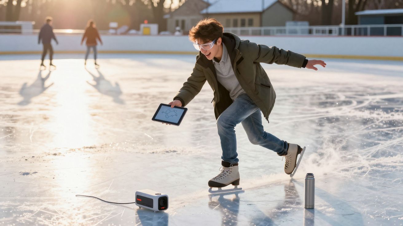 Jovem patinando no gelo ao ar livre segurando tablet, com garrafa e caixa de música na pista.