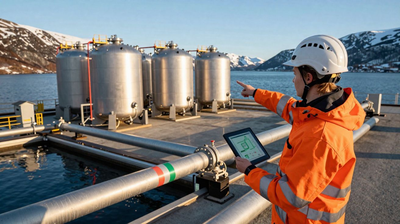 Profissional em colete e capacete branco controla tanques metálicos ao ar livre próximo a área com água e montanhas.