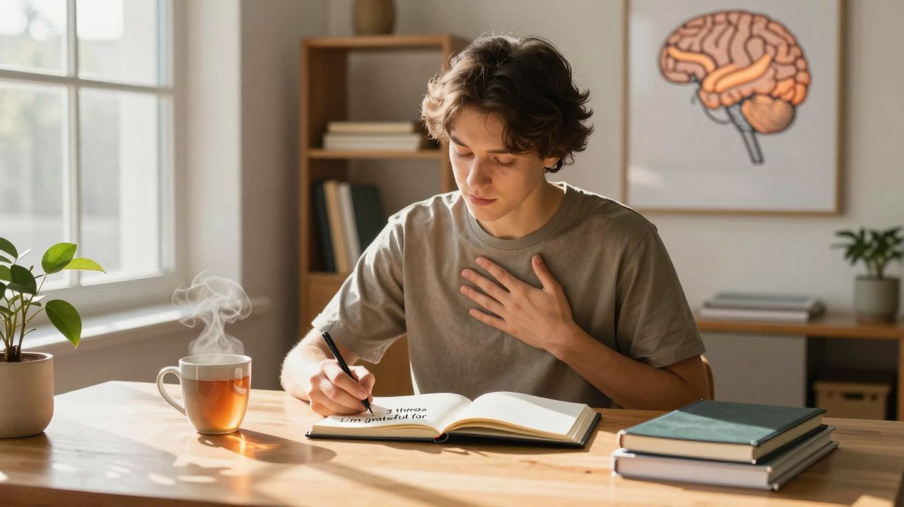 Jovem escrevendo em caderno com xícara de chá fumegante e livros, em ambiente iluminado e decorado.