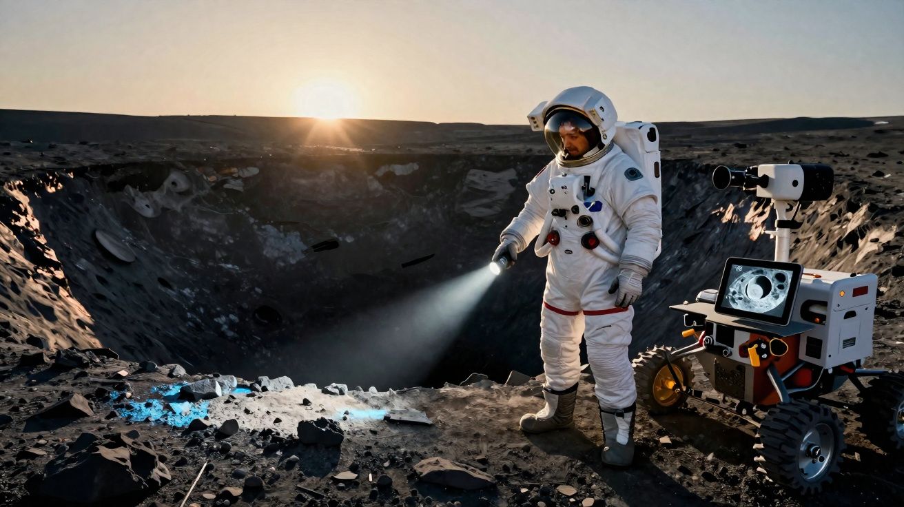 Astronauta com traje completo usando lanterna ao lado de robô explorador em crateras lunares ao pôr do sol.