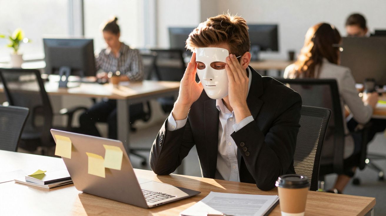 Homem de terno sentado no escritório colocando máscara branca no rosto enquanto trabalha no computador.