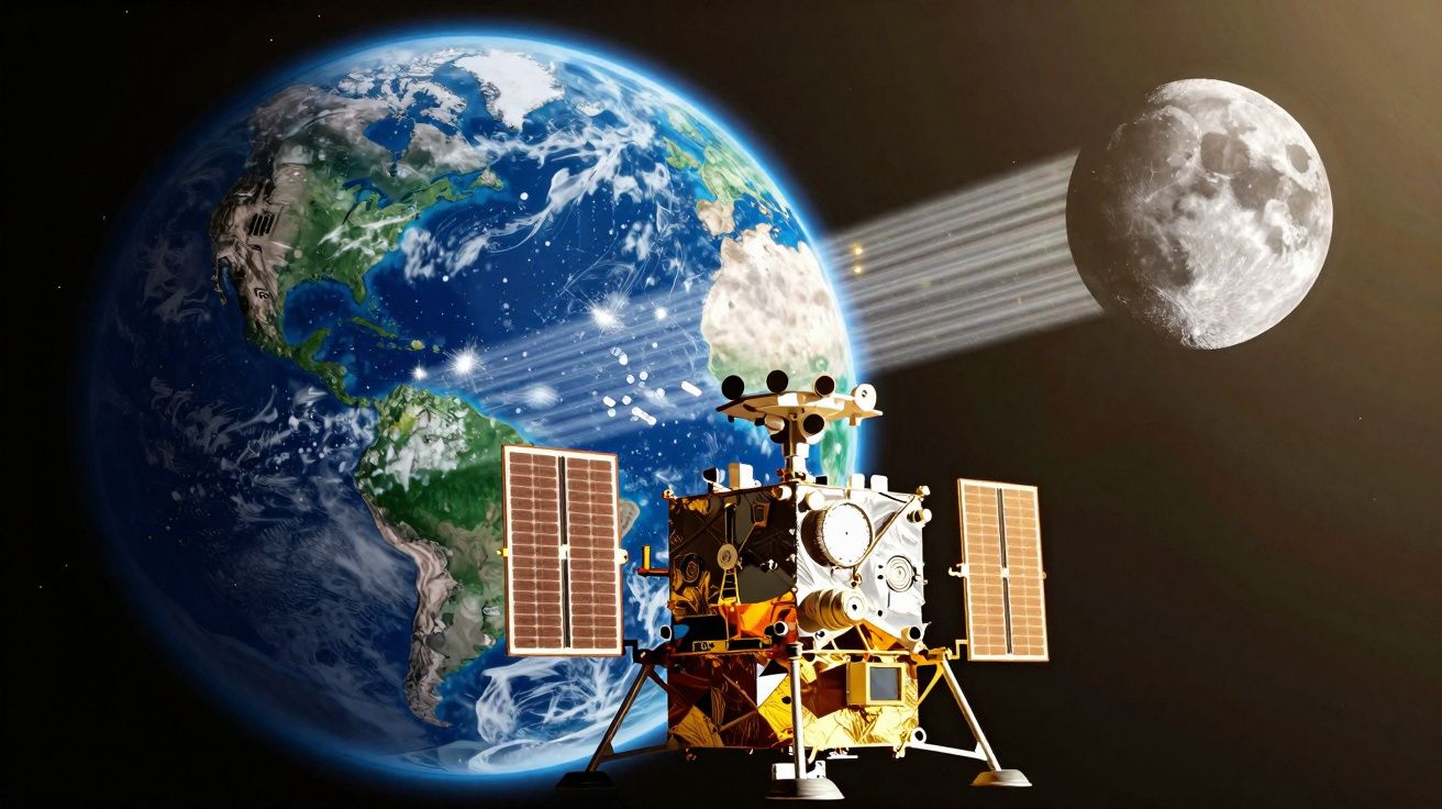 Satélite ou módulo lunar em órbita perto da Terra com a Lua ao fundo e feixes de luz entre eles.