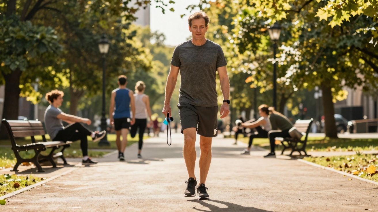 Homem caminhando com roupa esportiva em parque ensolarado com outras pessoas ao fundo.