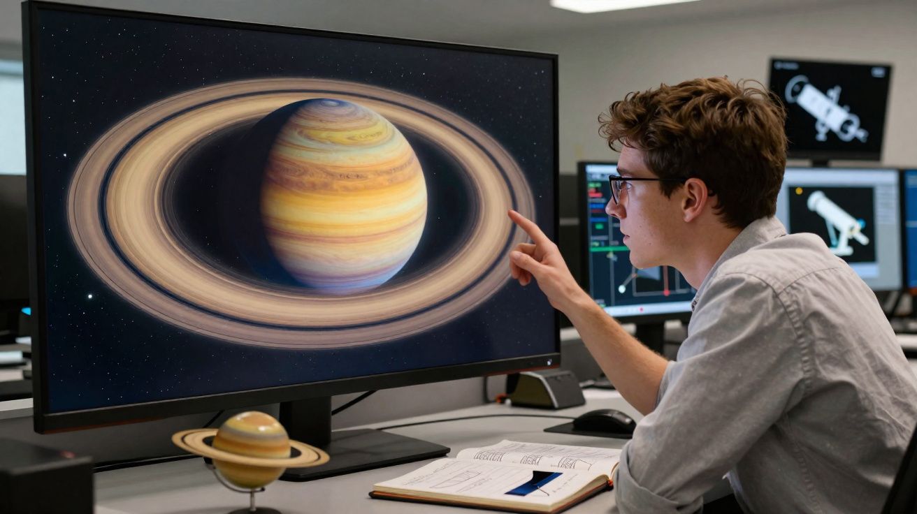 Jovem analisando imagem do planeta Saturno em monitor, com modelo do planeta em miniatura na mesa.
