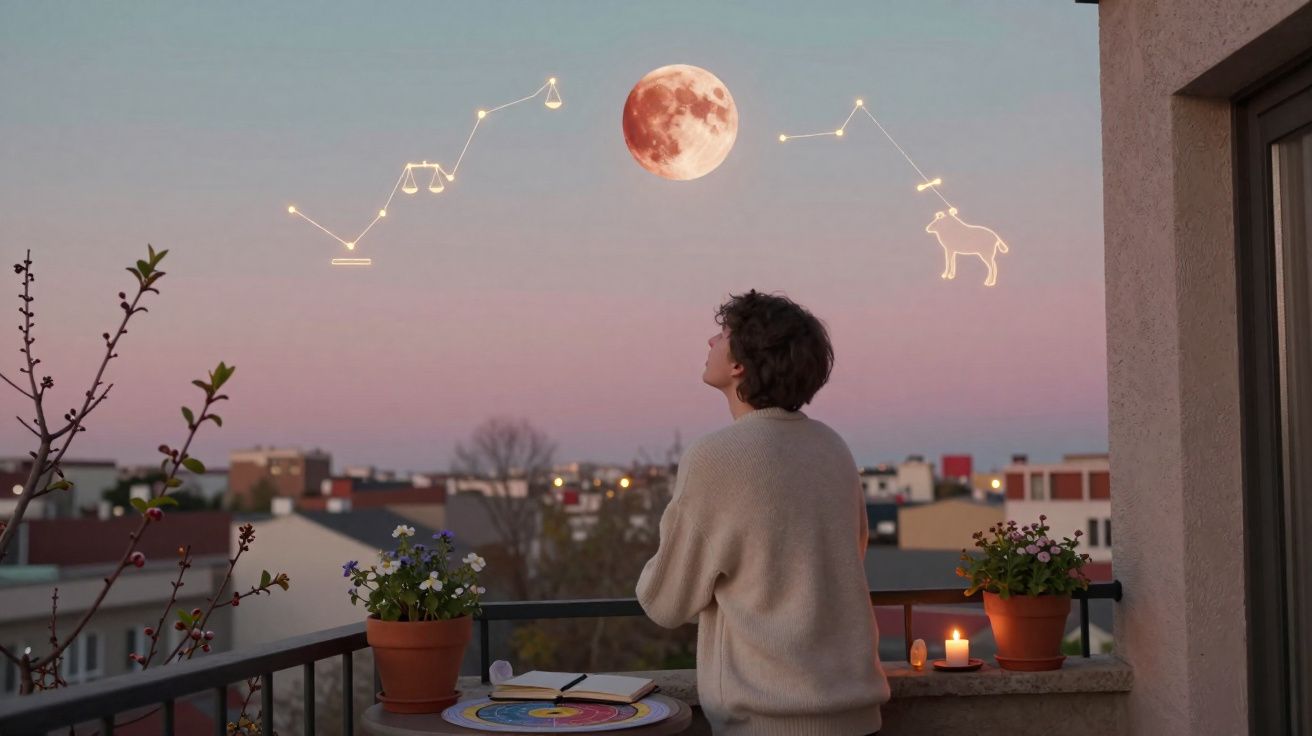 Pessoa observando a lua cheia e constelações desenhadas no céu ao entardecer em uma varanda.