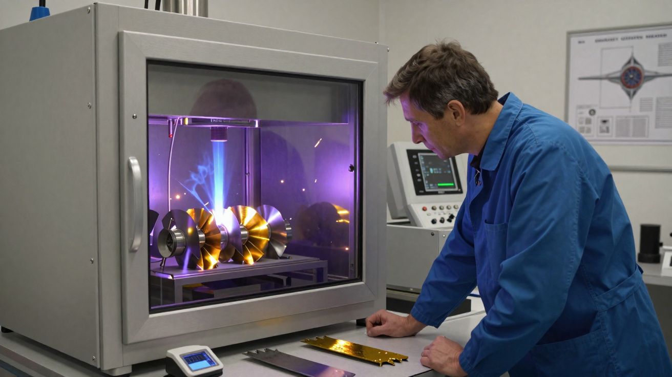Homem em jaleco azul observa máquina com peças metálicas douradas em laboratório industrial.
