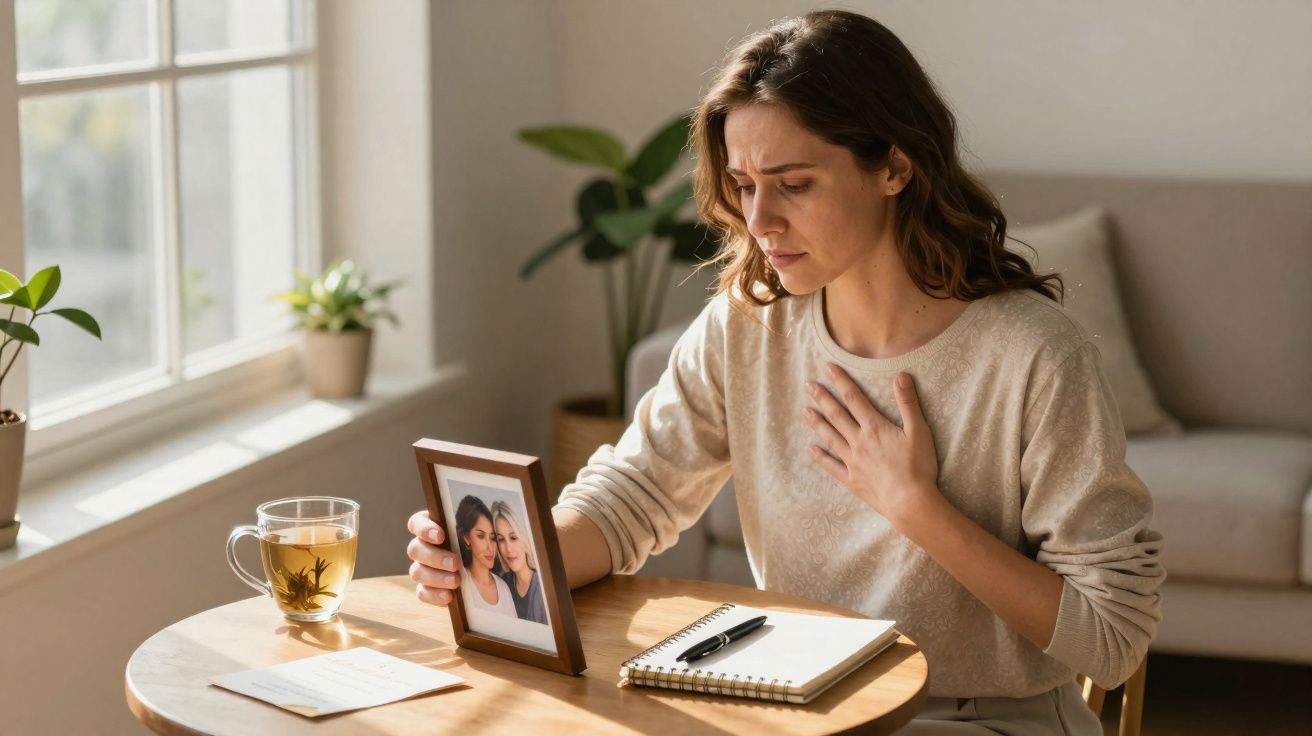 Mulher sentada à mesa segurando foto e com expressão triste, ao lado de chá e caderno aberto.