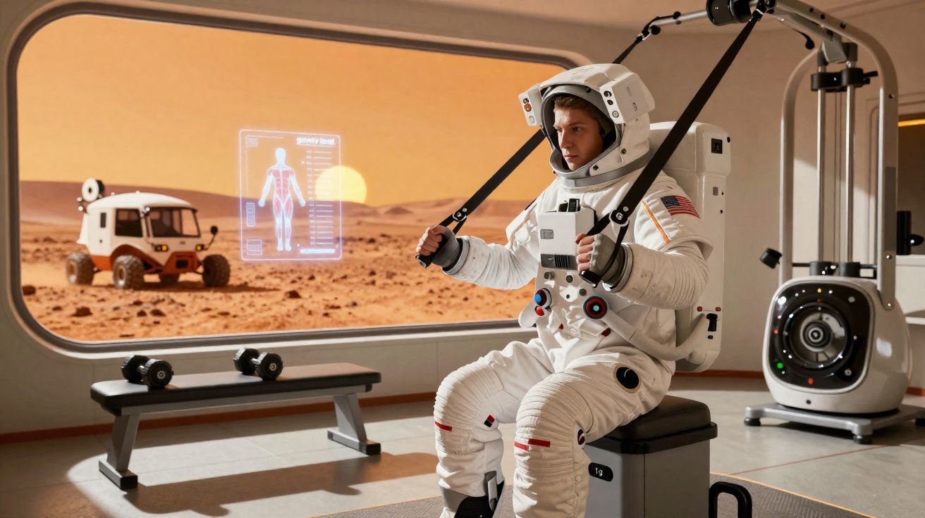Astronauta fazendo exercícios em ginásio com vista para paisagem marciana através de janela grande.