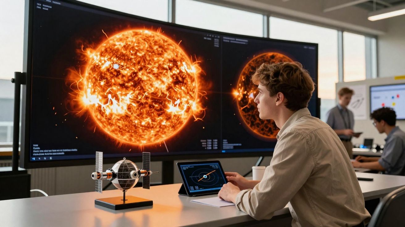 Jovem estudando imagem do sol em duas telas grandes com modelo de satélite na mesa em laboratório moderno.