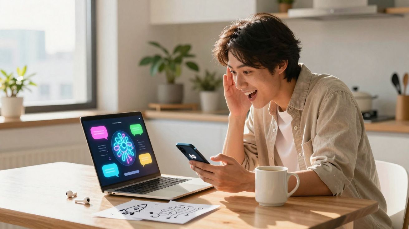 Homem animado usa celular e notebook em mesa com café e papéis, em ambiente claro e moderno.