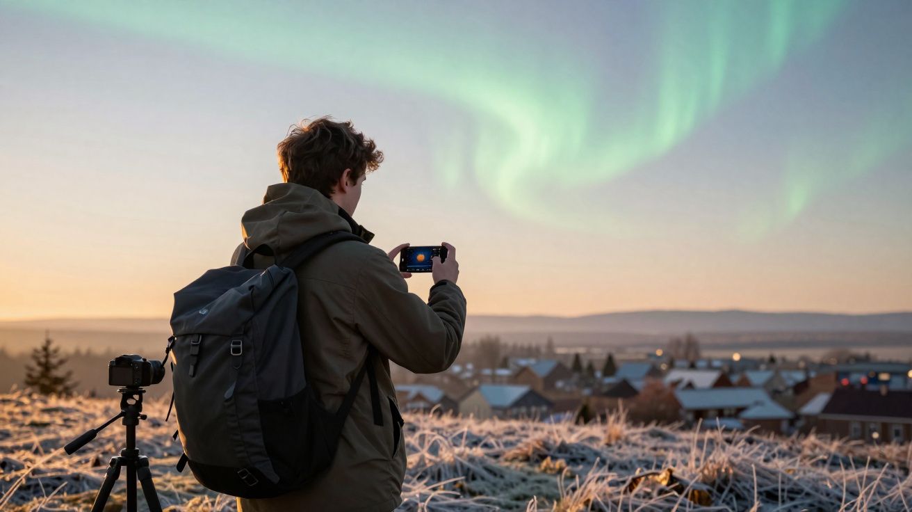 Pessoa fotografa aurora boreal com celular em campo congelado ao entardecer com cidade ao fundo.