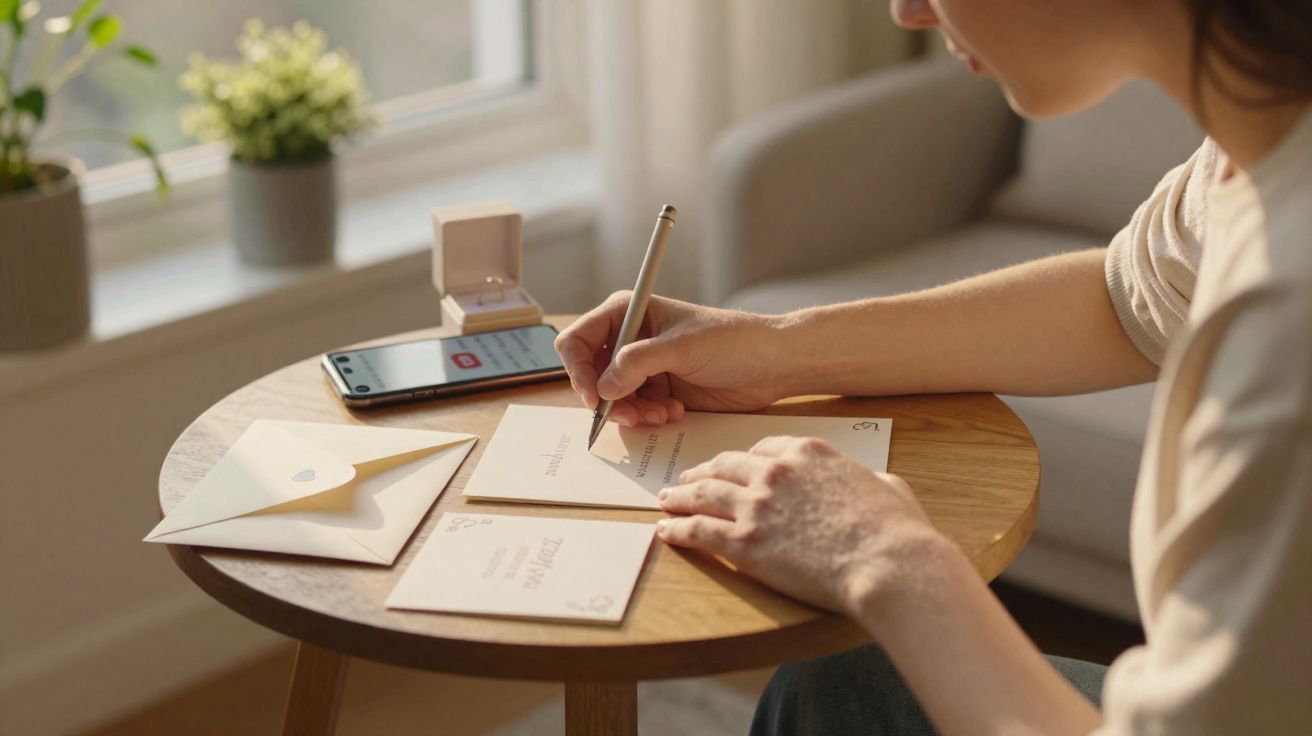 Pessoa escrevendo convite em papel sobre mesa com envelope, caixa de anel e celular ao lado.