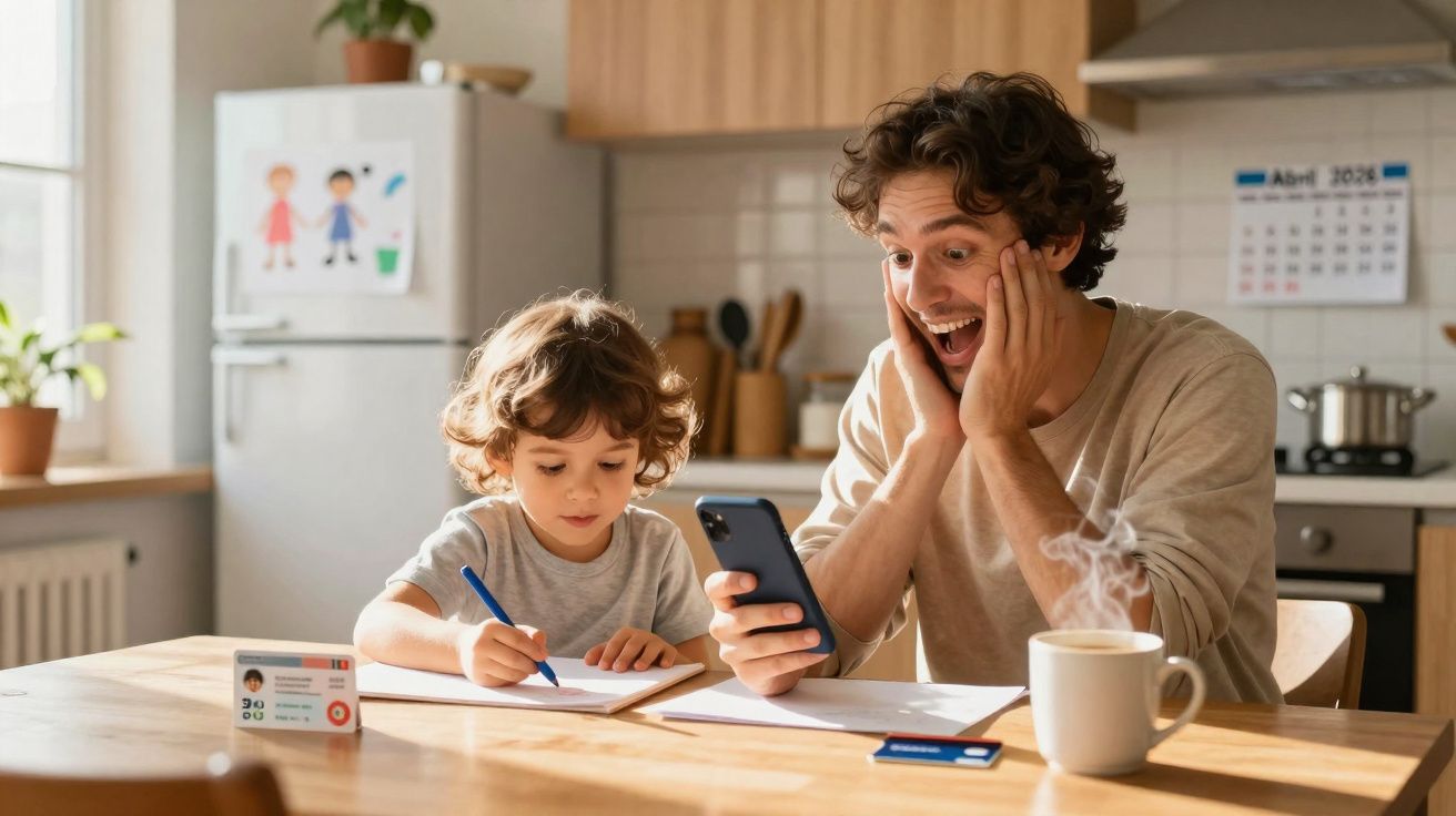 Pai surpreso olha celular enquanto filho desenha à mesa de cozinha iluminada pela manhã.