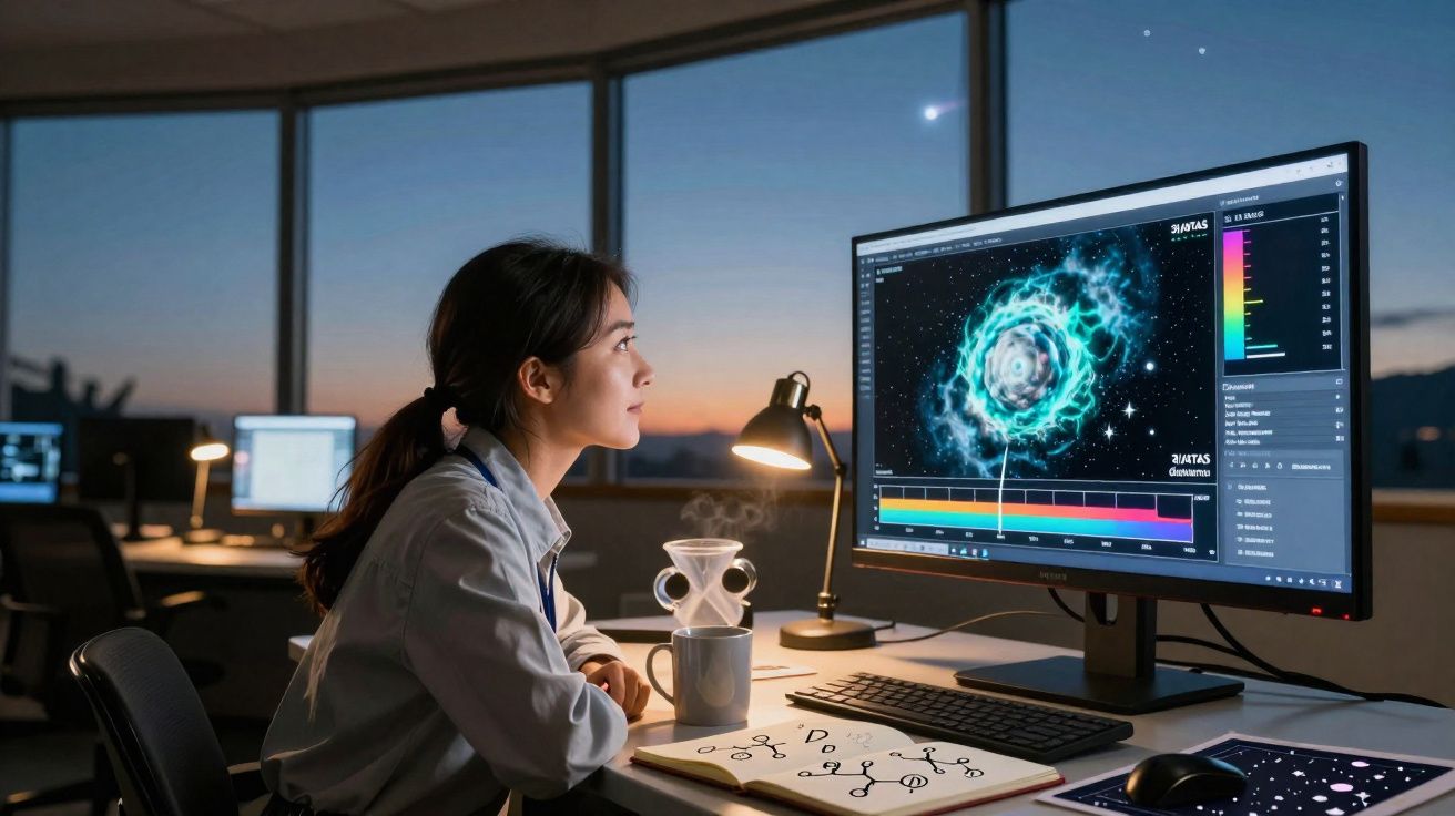 Mulher observando dados cósmicos em tela de computador em escritório ao entardecer.