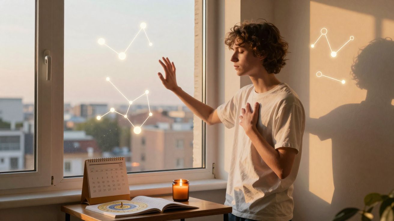 Jovem toca janela com constelações iluminadas, ao lado mesa com vela, calendário e livro astrológico.