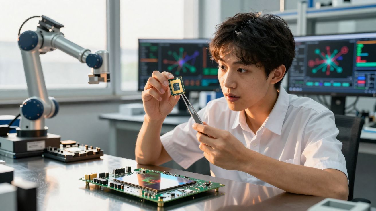 Jovem engenheiro analisa chip eletrônico com pinça em laboratório tecnológico com computadores ao fundo.