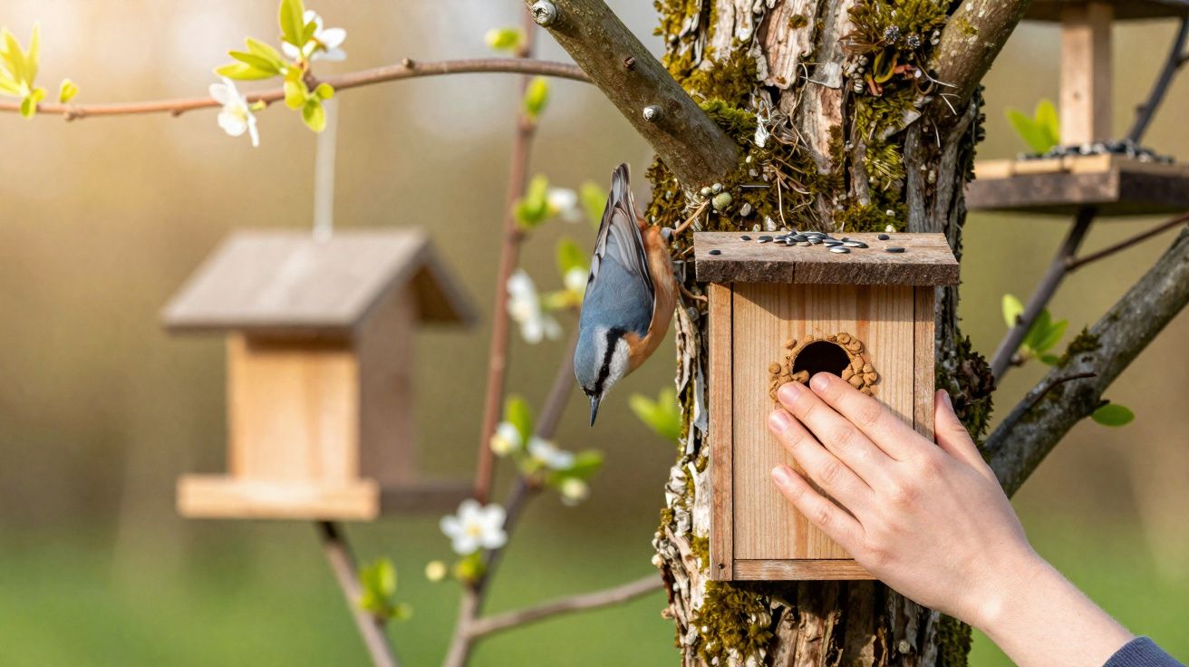Pássaro pendurado em árvore perto de mão humana apoiando casa de pássaros de madeira com sementes no topo.